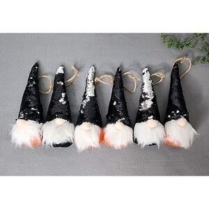 Halloween Black Orange Gnome‎ Plush Ornaments Reversible Sequins 8" Set Of 6 NEW
